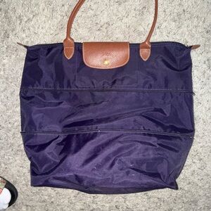 Longchamp expandable Classic purple (billbury) Tote Bag with Brown Trim